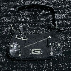 Guess black leather shoulder bag with silver hardware